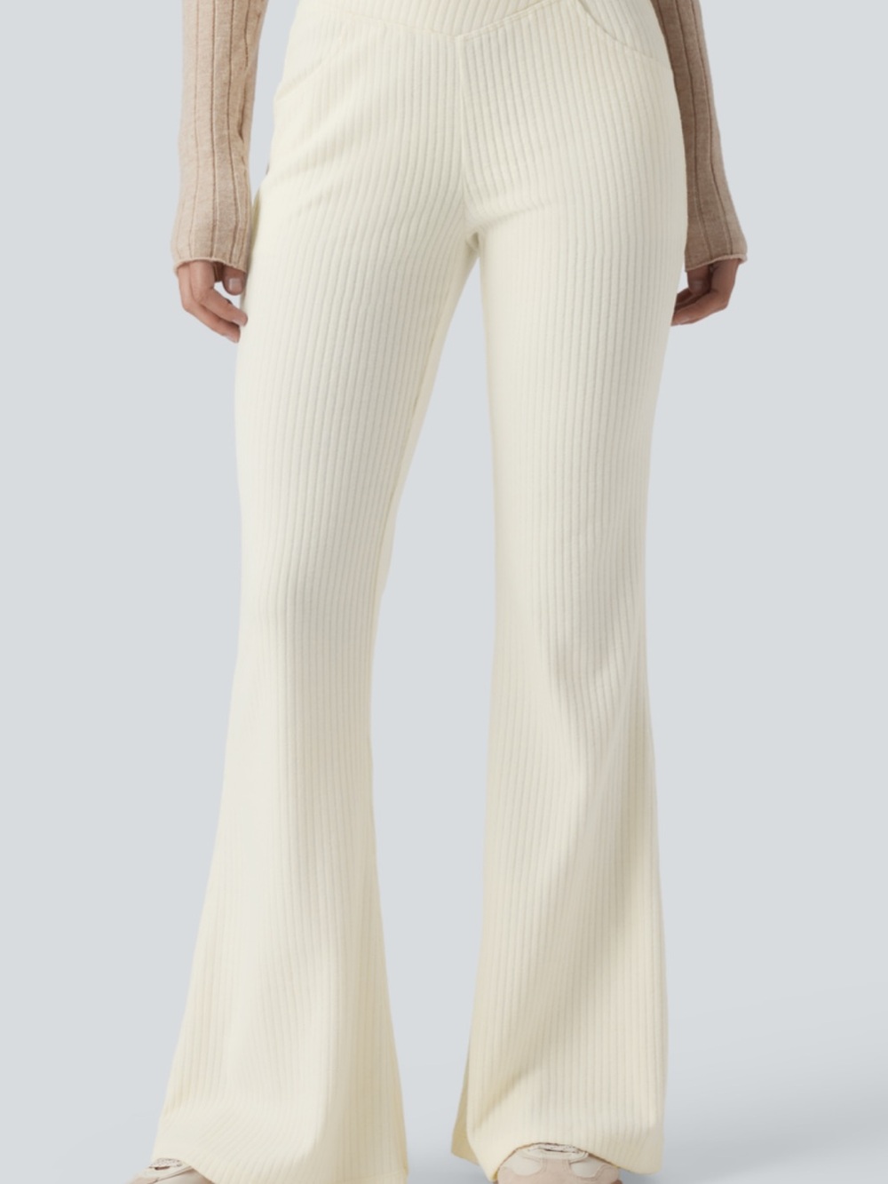 HALARA Ribbed high waist crossover pocket casual flare pants cream large‎ NWT